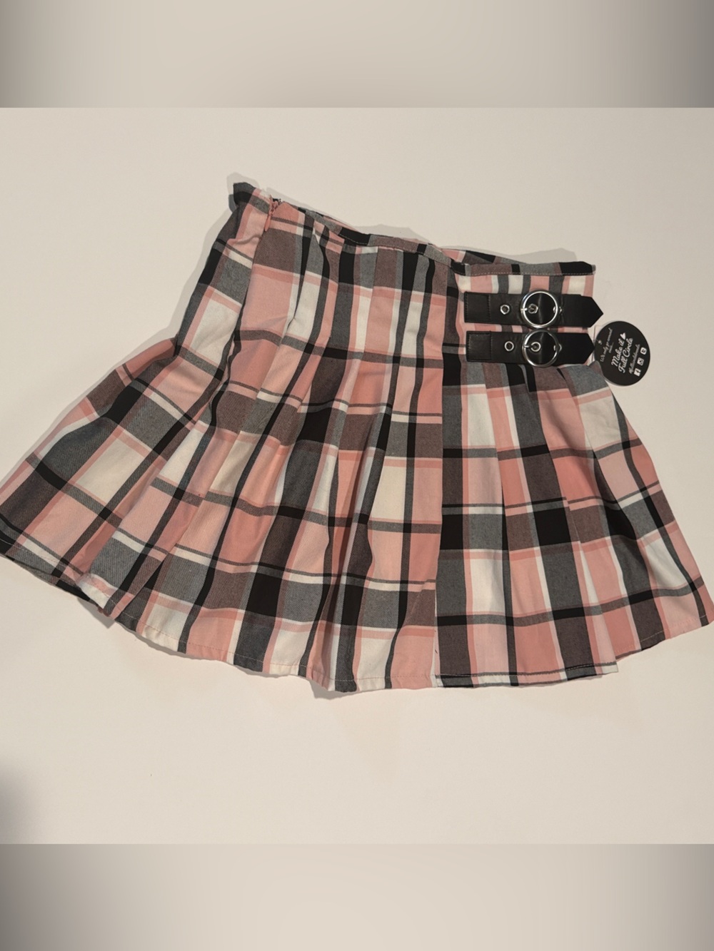 NWT JOLIE & JOY Plaid Pleated Mini Skirt with Buckle Detail - Pink Junior Med